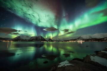 Fototapeta na wymiar Norway's winter landscape is a beautiful natural backdrop, highlighted by the green Northern Lights dancing above the mountains in a stunning display of natural beauty 29