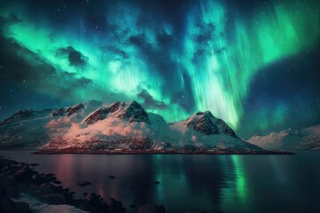 Fototapeta na wymiar Norway's winter landscape is a beautiful natural backdrop, highlighted by the green Northern Lights dancing above the mountains in a stunning display of natural beauty 26