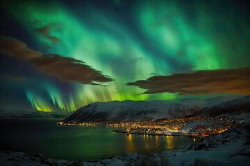 Fototapeta na wymiar Norway's winter landscape is a beautiful natural backdrop, highlighted by the green Northern Lights dancing above the mountains in a stunning display of natural beauty 13
