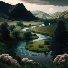 Lake at the base of a mountain, made with generative ai