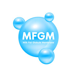 MFGM (Milk Fat Globule Membrane) blue in milk droplets isolated on white background. Essential amino acids for body infant health. Products design supplement food. 3D realistic isolated. Vector.