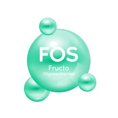 FOS Fructo Oligosaccharides, Vitamins fiber green isolated on white background. Essential amino acids for body health. Products design supplement food. 3D Vector EPS10.