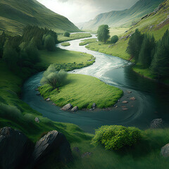 view of river at the base of a mountain, made with generative ai