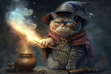 cat wizard casting spell illustration generative ai