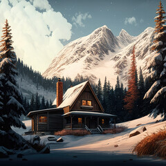 Chalet in the snow, made by AI
