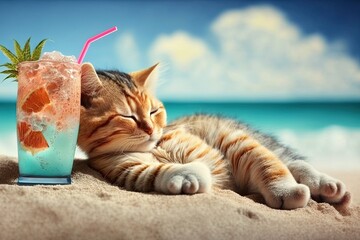 cat sunbathing on tropical beach with drink glass drinking cocktail illustration generative ai