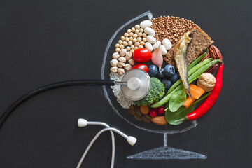 Food products good for health and planet, globe abstraction with stethoscope on chalkboard, planetary health diet concept