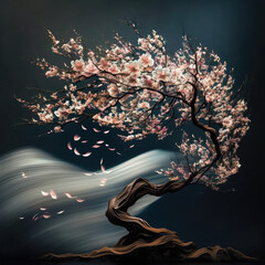 Cherry blossom blowing in wind, made by AI