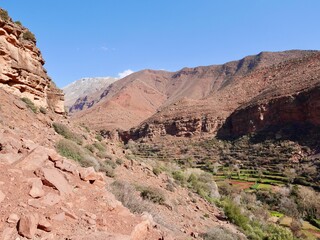 Gorge with terraced fields in Ourika Valley, High Atlas Mountains, Morocco.