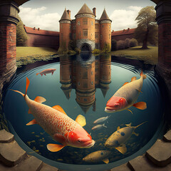 Medieval castle moat with with ki fish, made by ai