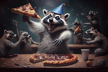 Racoon raccoon holding a slice of pizza, dancing on a table with a party group of other animals illustration generative ai - obrazy, fototapety, plakaty