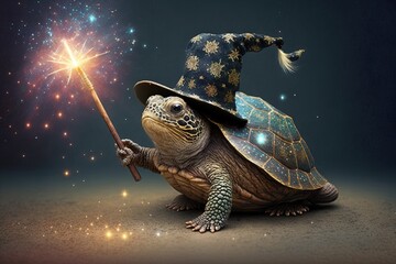 Naklejka na ściany i meble turtle wearing a wizard hat and casting a spell with its wand, surrounded by a cloud of glitter and stars illustration generative ai
