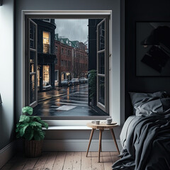 View of a rainy day through the window made by AI