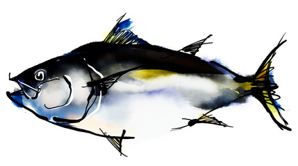 マグロの手書きイラスト（筆書き墨絵風）