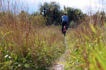 Sport and mountain bike. Autumn fields and bicycle.