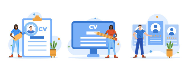 Hiring illustration set. Human resource management. Job analysis, sourcing, screening and selection. Character applying for work position. Job recruitment process concept