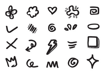 Set of cute hand drawn line scribble expression signs.emoticon effects design elements, cartoon character emotion symbols.vector illustration.