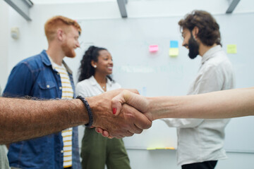 Obraz premium Two confident business people shake hands during an office meeting, success, deal, greeting and partner concept. Reaching an agreement at work. Close-up photo of hands.