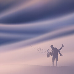 Fototapeta na wymiar Lovers silhouette in foggy clouds. Death and afterlife. Flying birds