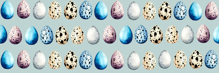 Seamless pattern easter with colored eggs. Spring hand drawn illustration isolated on blue background.
