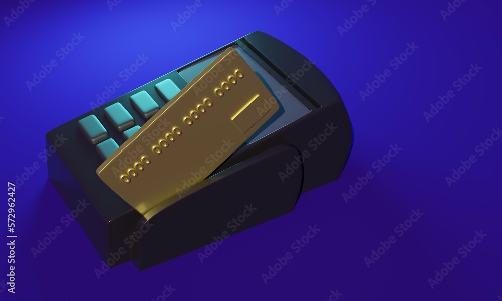 Poster paying with a golden credit card in a terminal. 3d rendering