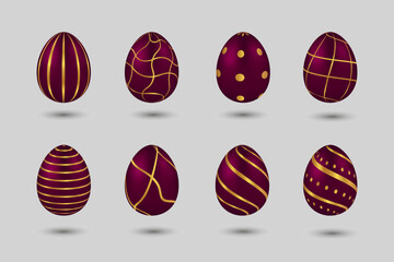 3d luxury red maroon with gold pattern easter eggs set