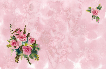 Postcard with bouquet of roses watercolor, botanical illustration