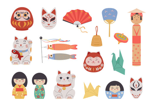japanese dolls. traditional good luck maneki neko symbols. Vector cartoon illustrations
