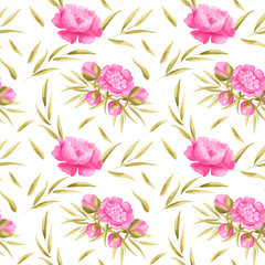 seamless pattern with pink piones watercolor 