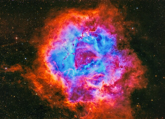 The rosette nebula, also known as NGC 2237 in the monoceros constellation. Taken with my telescope in narrowband filter.