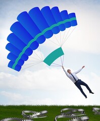 Businessman falling into trap on parachute