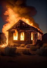 Fire in a small wooden house. AI generated