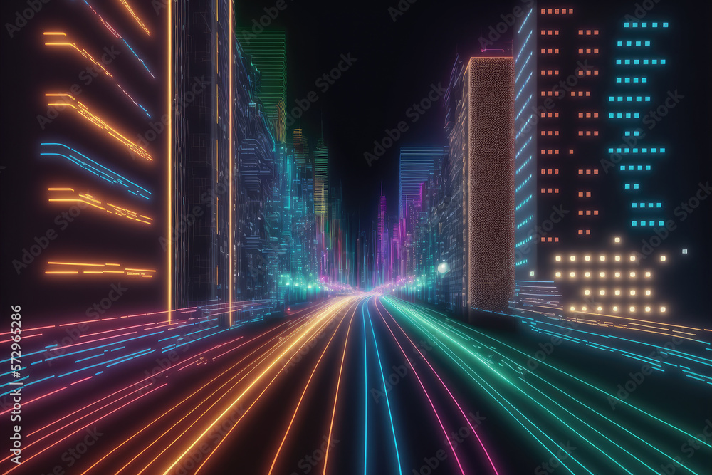 Poster abstract highway path through digital smart city graphic design. peculiar ai generative image.