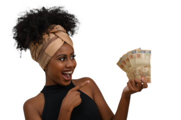woman with money, young smiling afro woman with brazilian money