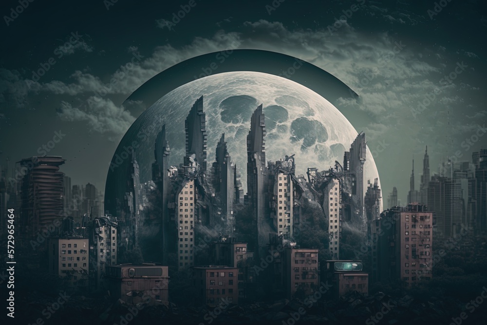 Poster depressing view of the moon's replacement above the city generative ai