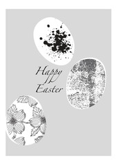Happy Easter. Black and white postcard. Three eggs. Different textures