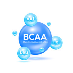 BCAA Branched chain amino acid capsule blue. Leucine Isoleucine and Valine. Essential for body. Dietary supplement for pharmacy clinic ad design. 3d icon isolated on white background. Vector EPS10.