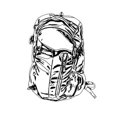 Black and white sketch of a backpack with transparent background