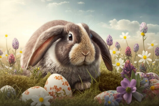 Easter bunny with Easter Eggs and daisies In Flowery Meadow. Generative AI