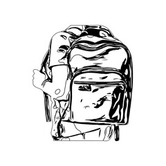 Black and white sketch of a backpack with transparent background