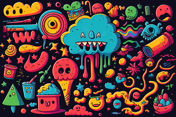Obraz premium Doodles, Drawings and Sketches Showing Bright Colorful Characters and Items Quirky Illustration Random Fun stickers style