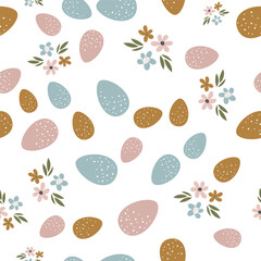 Seamless pattern with Easter eggs and flowers. Flowers, eggs, easter, spring. Textile, print, spring festival.