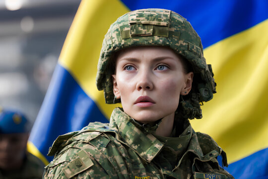 Woman soldier in uniform and helmet. Ukrainian flag background. Generative AI