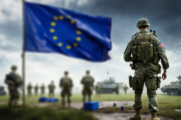 Soldiers in uniform on a war with tank. EU flag. Generative AI.