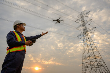 Asian male engineer electrician at power station flying drone to observe power generation planning...
