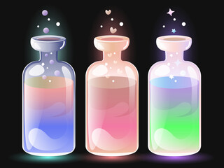 Multicolored bottles with magic potion on a dark background. Glowing liquid with bubbles, neon glass containers. Potion of luck, love. Magic rituals, spells, witches, wizards. Vector illustration