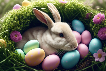 Fototapeta na wymiar A cute Easter bunny snuggled up in a cozy nest shaped basket, surrounded by flowers, Easter eggs, and soft green grass. Generative AI.