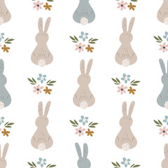 Seamless pattern with flowers. Simple vector flowers. Leaves, branches. Pattern with ornamental grasses. Flat style. Fabric design, textiles, print.