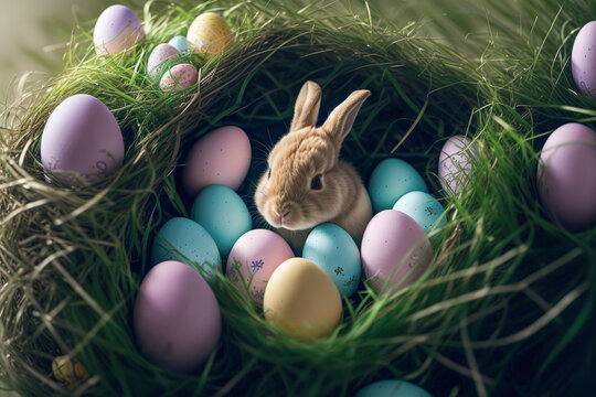 A cute Easter bunny snuggled up in a cozy nest shaped basket, surrounded by flowers, Easter eggs, and soft green grass. Generative AI.