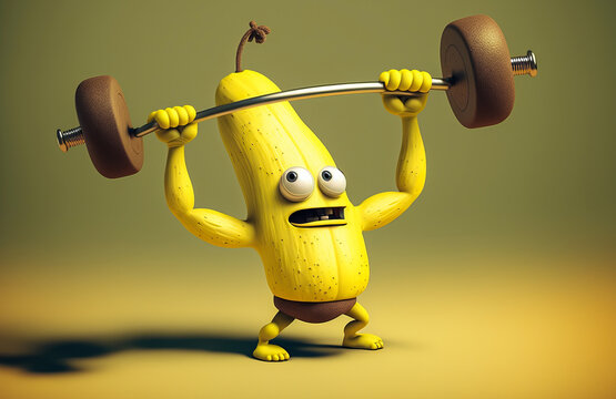 This adorable banana-shaped character embodies the benefits of fruit: strength and energy for weight training. Generative AI